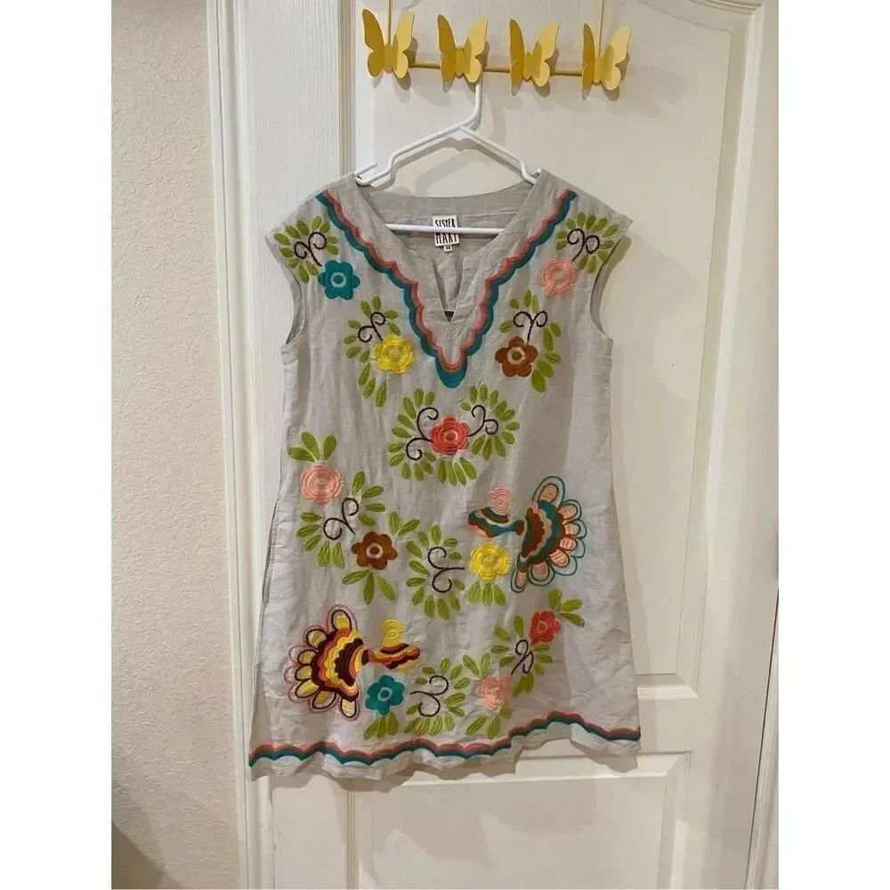 Sister Mary Embroidered Shift Dress Linen Blend Size XS
